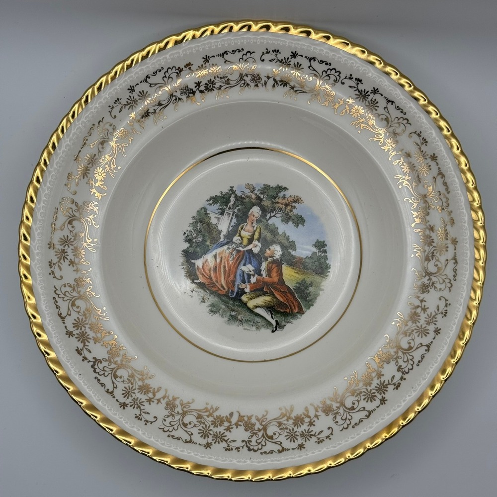 Vintage Atlas China 22 Karat Gold Courting Couple Soup Bowl‎ Scalloped Rim